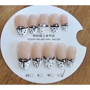 Almond French Tip with Black Bow detail & Gems| Press on Nails | Sz Large